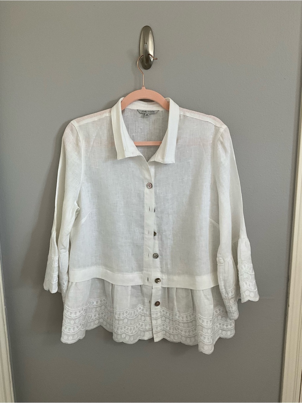 John Mark White Button-Front Linen Blouse with Scalloped Eyelet Hem